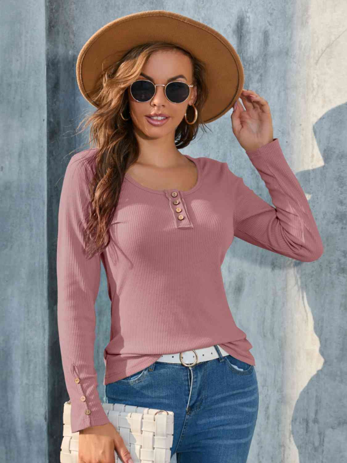 Buttoned Round Neck Long Sleeve T-Shirt Blush Pink