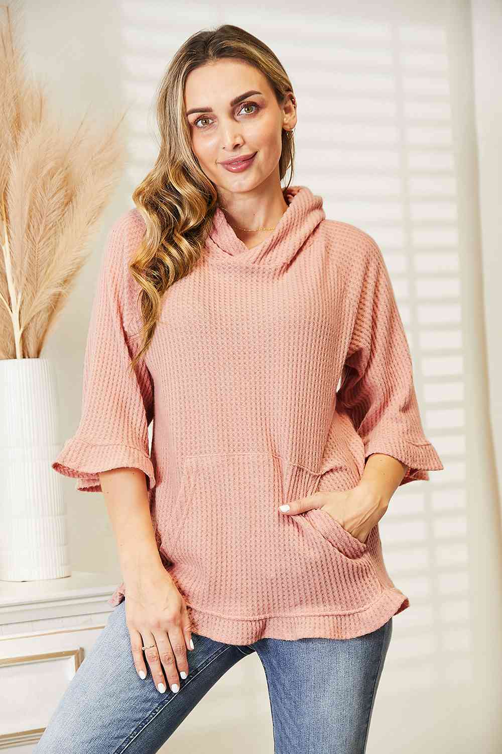 Full Size Waffle-Knit Ruffle Hem Hoodie Blush Pink