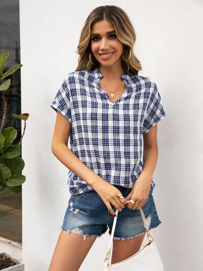 Plaid Notched Short Sleeve Blouse Black