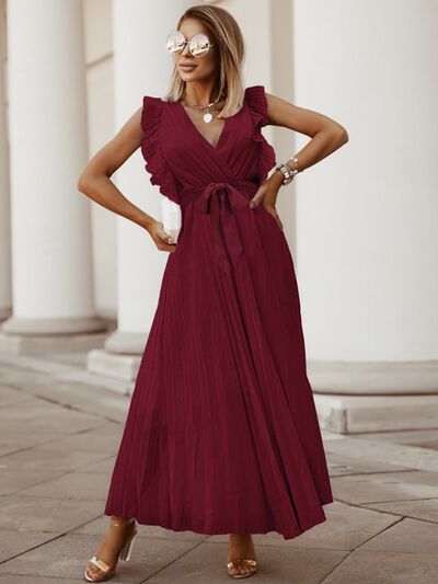 Tied Surplice Cap Sleeve Pleated Dress Wine