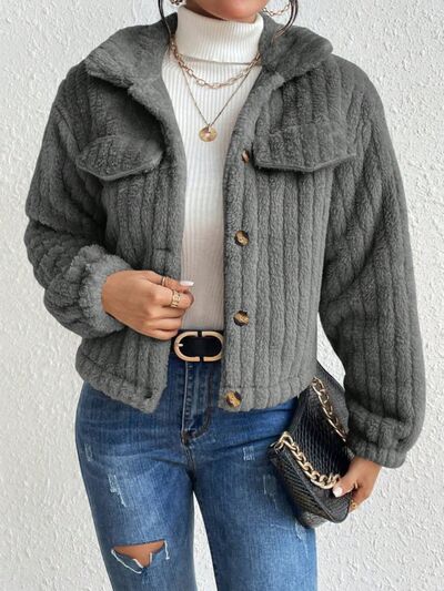 Fuzzy Button Up Collared Neck Jacket Charcoal