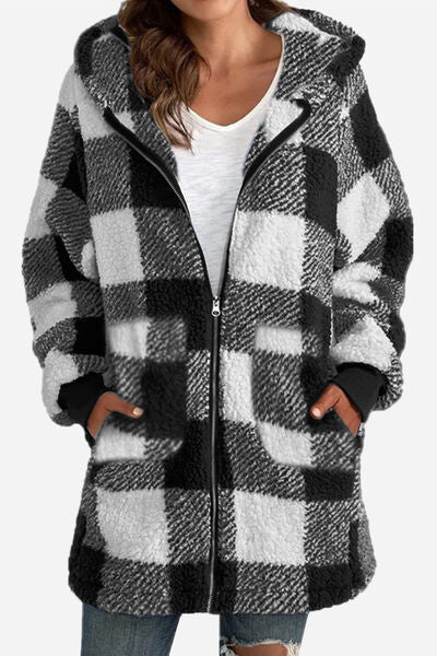 Double Take Full Size Plaid Long Sleeve Hooded Coat Black