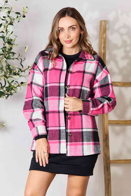 Double Take Plaid Button Up Collared Neck Jacket Blush Pink