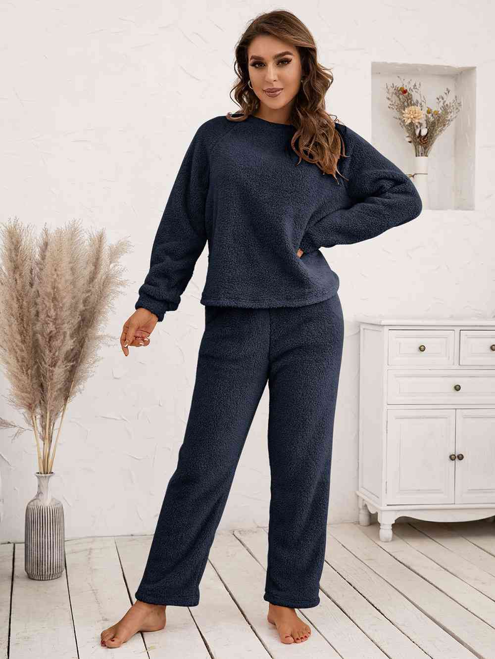 Teddy Long Sleeve Top and Pants Lounge Set Navy