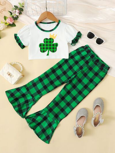 Lucky Clover Round Neck Top and Plaid Pants Set Mid Green