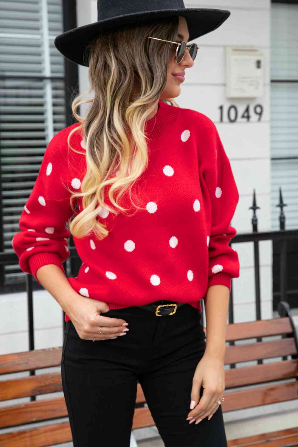 Woven Right Polka Dot Round Neck Dropped Shoulder Sweater Red