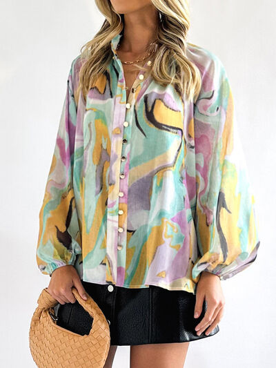 Printed Button Up Balloon Sleeve Shirt Mist Green