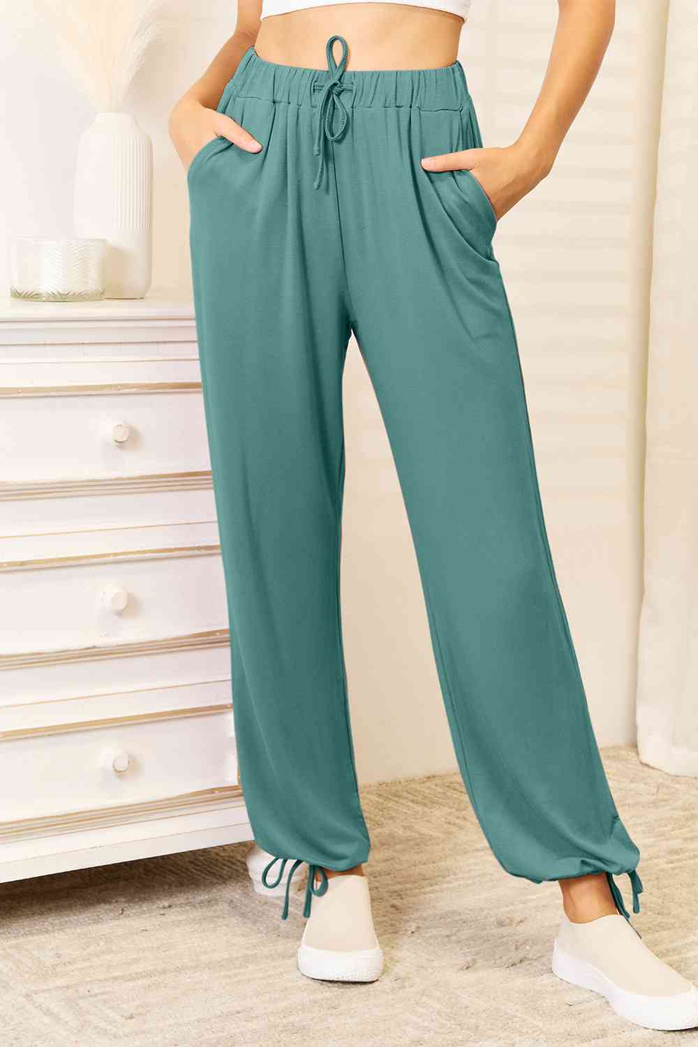 Basic Bae Full Size Soft Rayon Drawstring Waist Pants with Pockets Teal