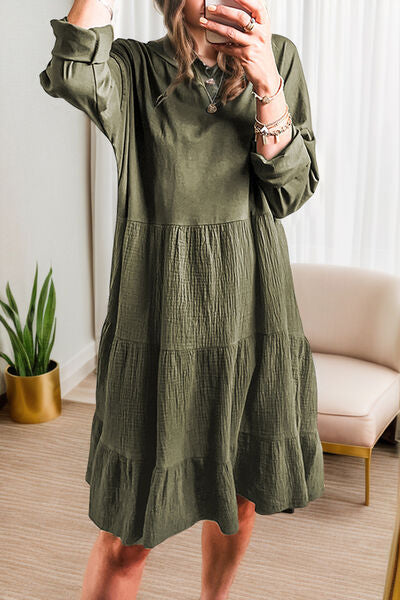 Textured Round Neck Tiered Dress Moss