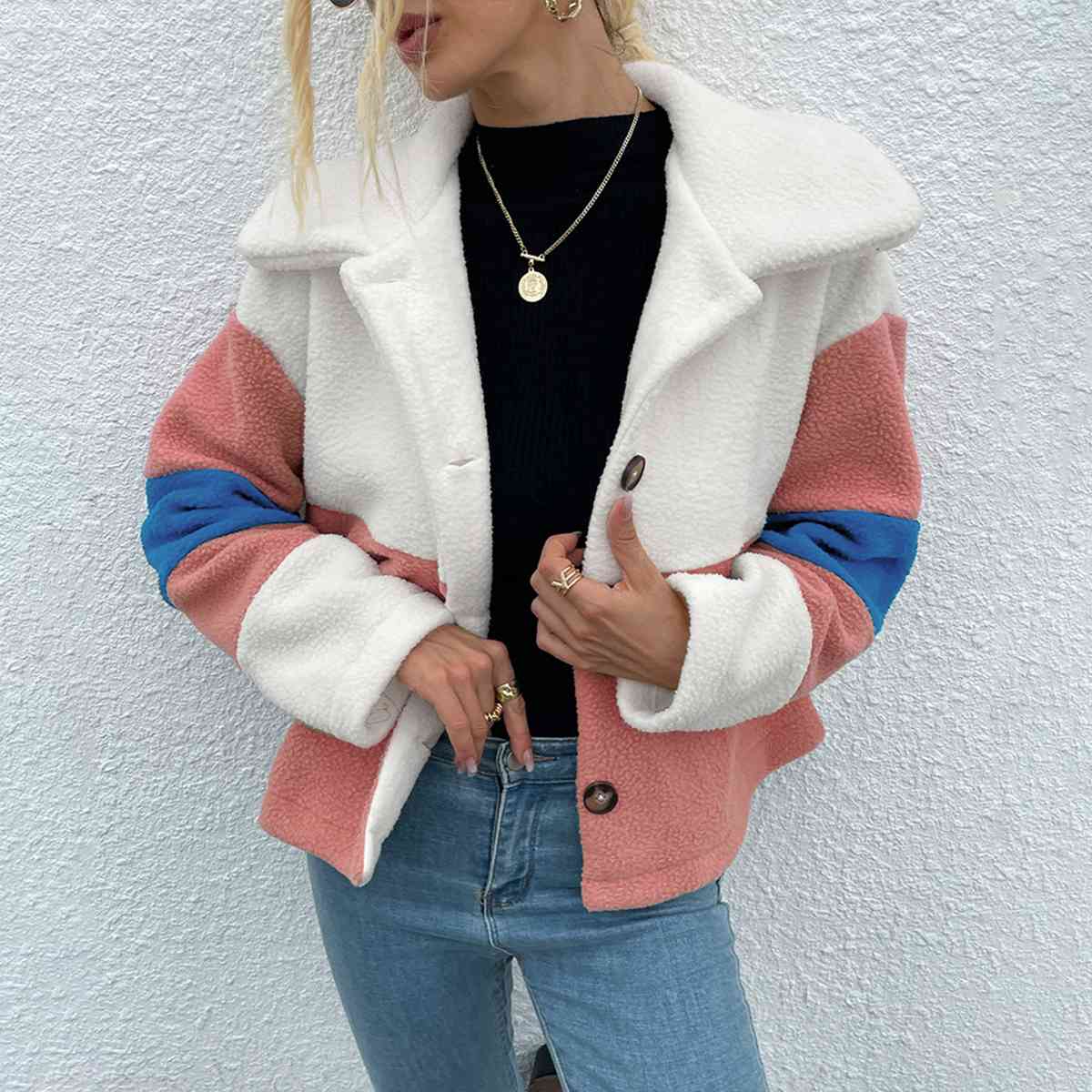 Color Block Button Down Collared Jacket Burnt Coral