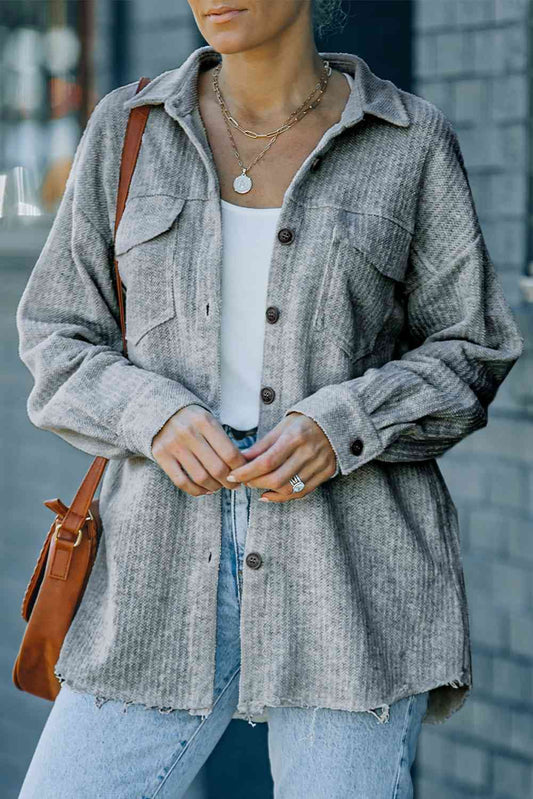 Textured Button Down Shirt Jacket with Pockets Gray