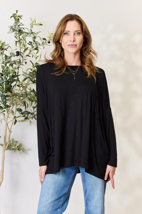 Zenana Full Size Round Neck Long Sleeve Top with Pocket Black