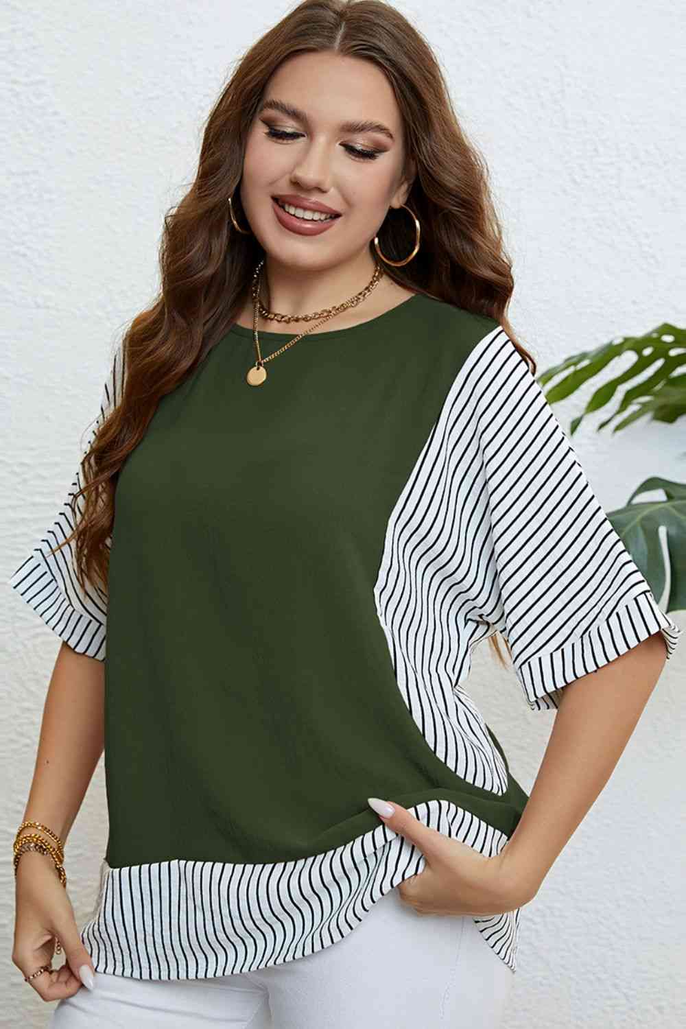 Plus Size Striped Round Neck Half Sleeve Top