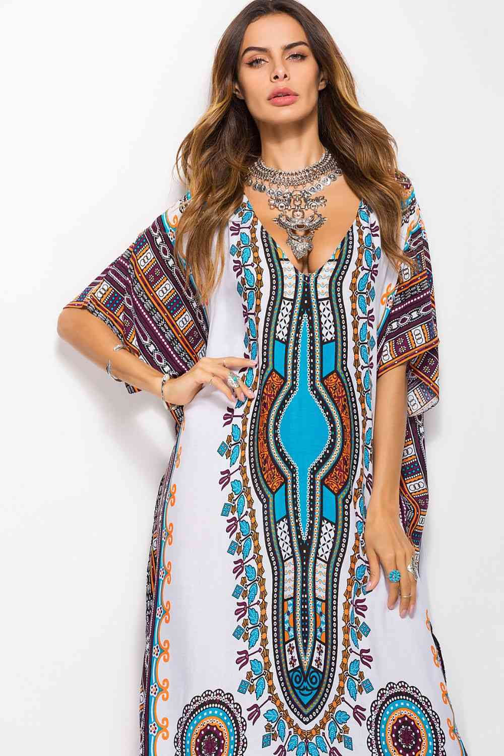 Printed V-Neck Side Slit Maxi Dress