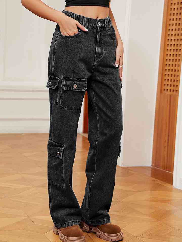 Buttoned Long Jeans Charcoal