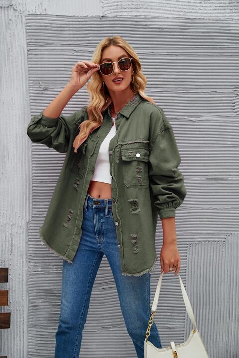 Distressed Raw Hem Denim Jacket Army Green