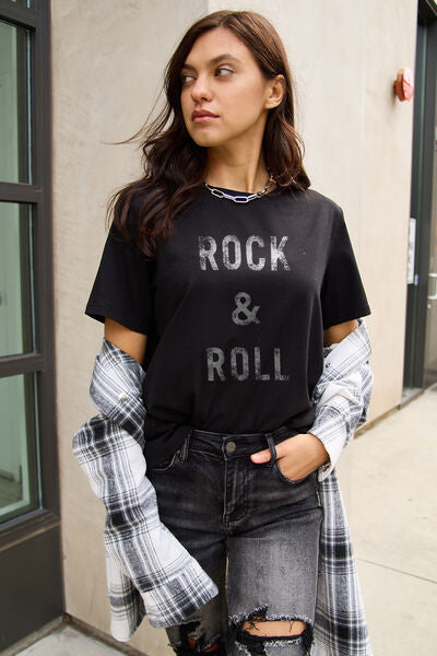 Simply Love Full Size ROCK & ROLL Short Sleeve T-Shirt Black