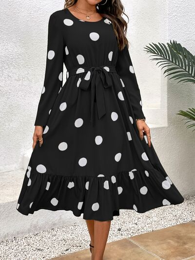 Tied Polka Dot Round Neck Ruffle Hem Dress Black