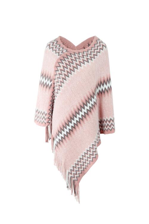 Fringe Hem Striped Cape Sleeve Poncho Blush Pink One Size