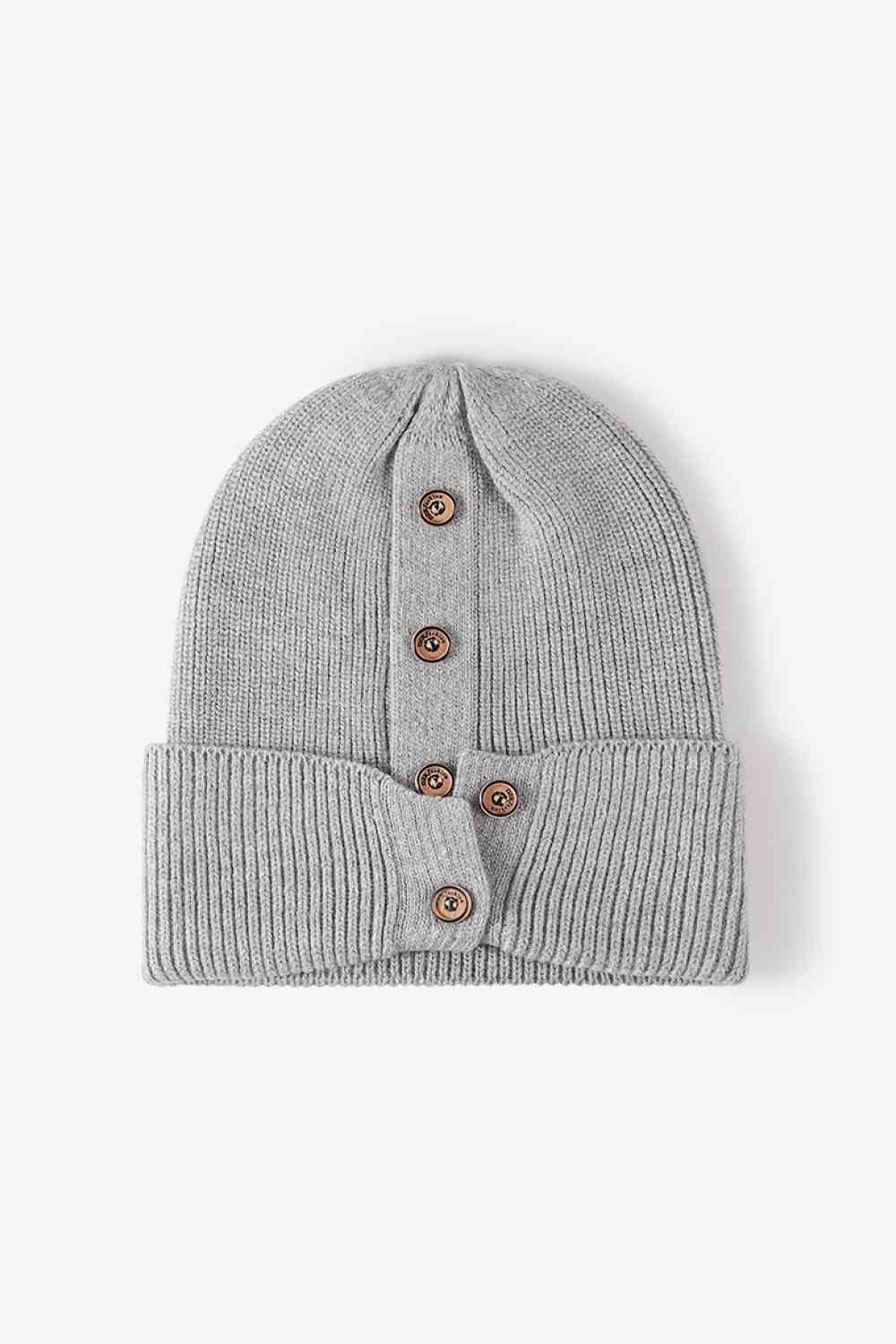 Button Detail Rib-Knit Cuff Beanie Gray One Size