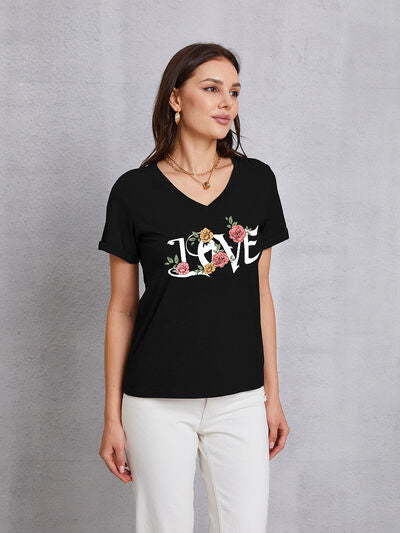 LOVE V-Neck Short Sleeve T-Shirt Black