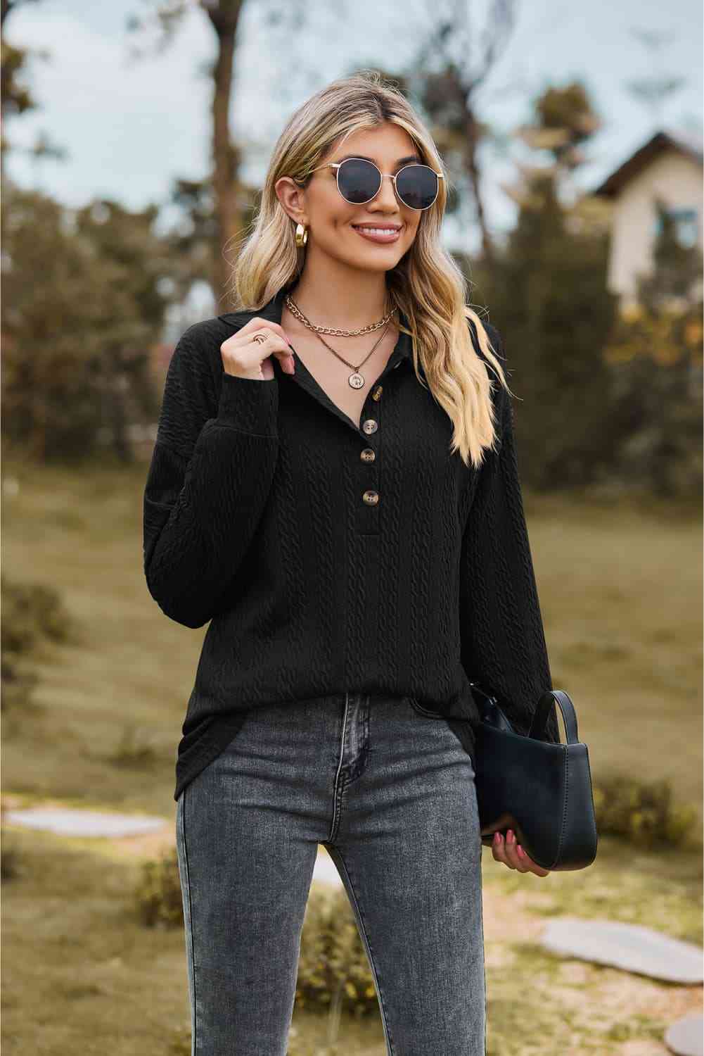 Collared Neck Long Sleeve Blouse