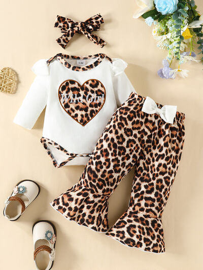 Letter Graphic Long Sleeve Bodysuit and Bow Leopard Pants Set Leopard