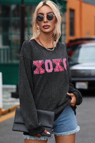 XOXO Round Neck Dropped Shoulder Sweatshirt Black