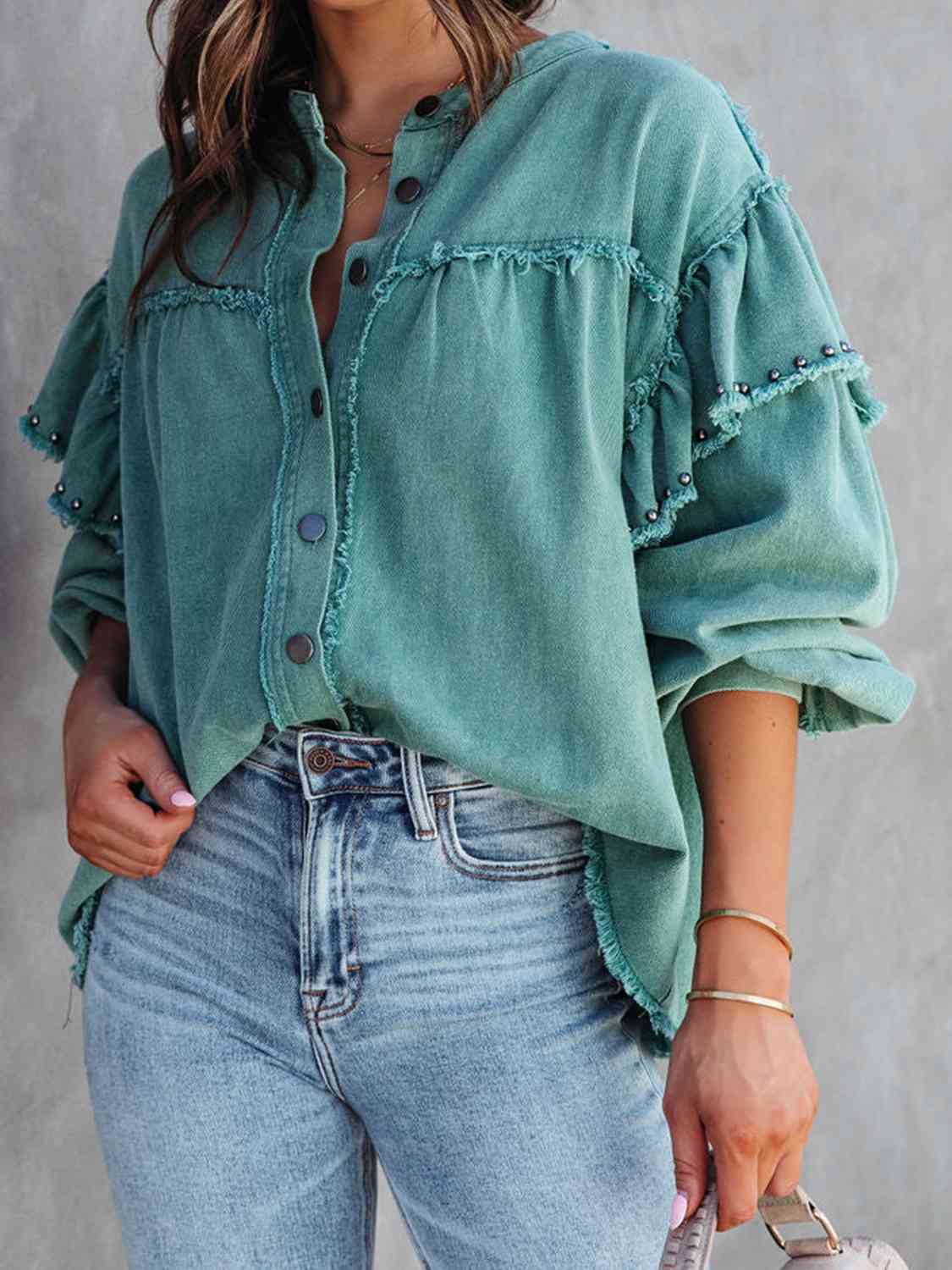 Button Down Raw Hem Denim Jacket Teal