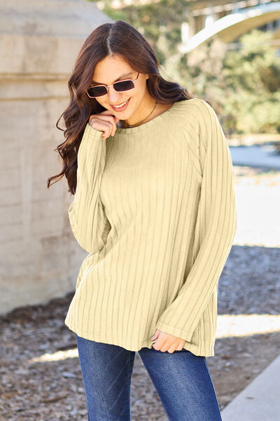 Basic Bae Full Size Ribbed Round Neck Long Sleeve Knit Top Pastel Yellow