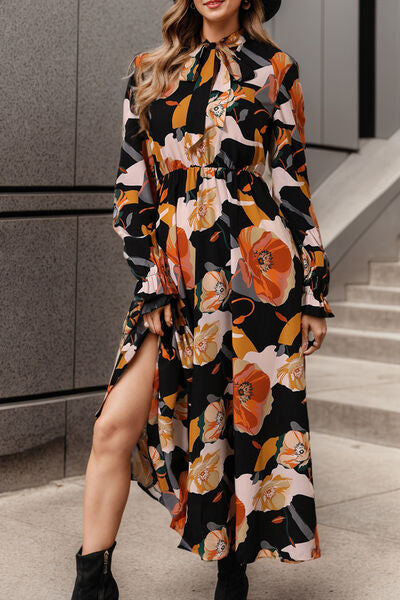 Printed Tie Neck Flounce Sleeve Dress Black