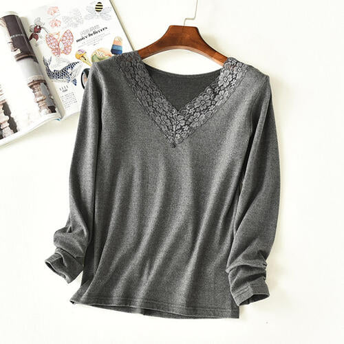 Lace Detail V-Neck Long Sleeve Lounge Top Charcoal