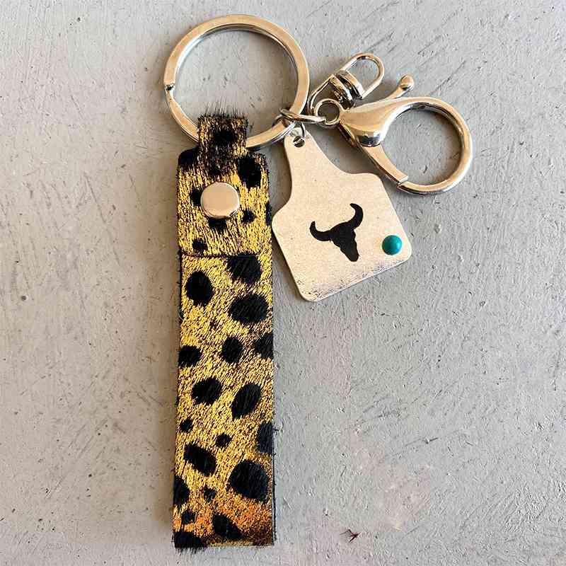 Genuine Leather Alloy Keychain Gold One Size