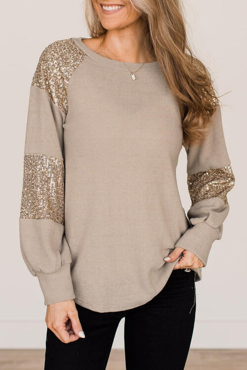 Sequin Round Neck Long Sleeve T-Shirt Dust Storm