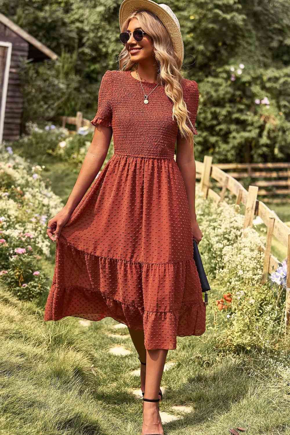 Swiss Dot Smocked Round Neck Short Sleeve Midi Dress Terracotta