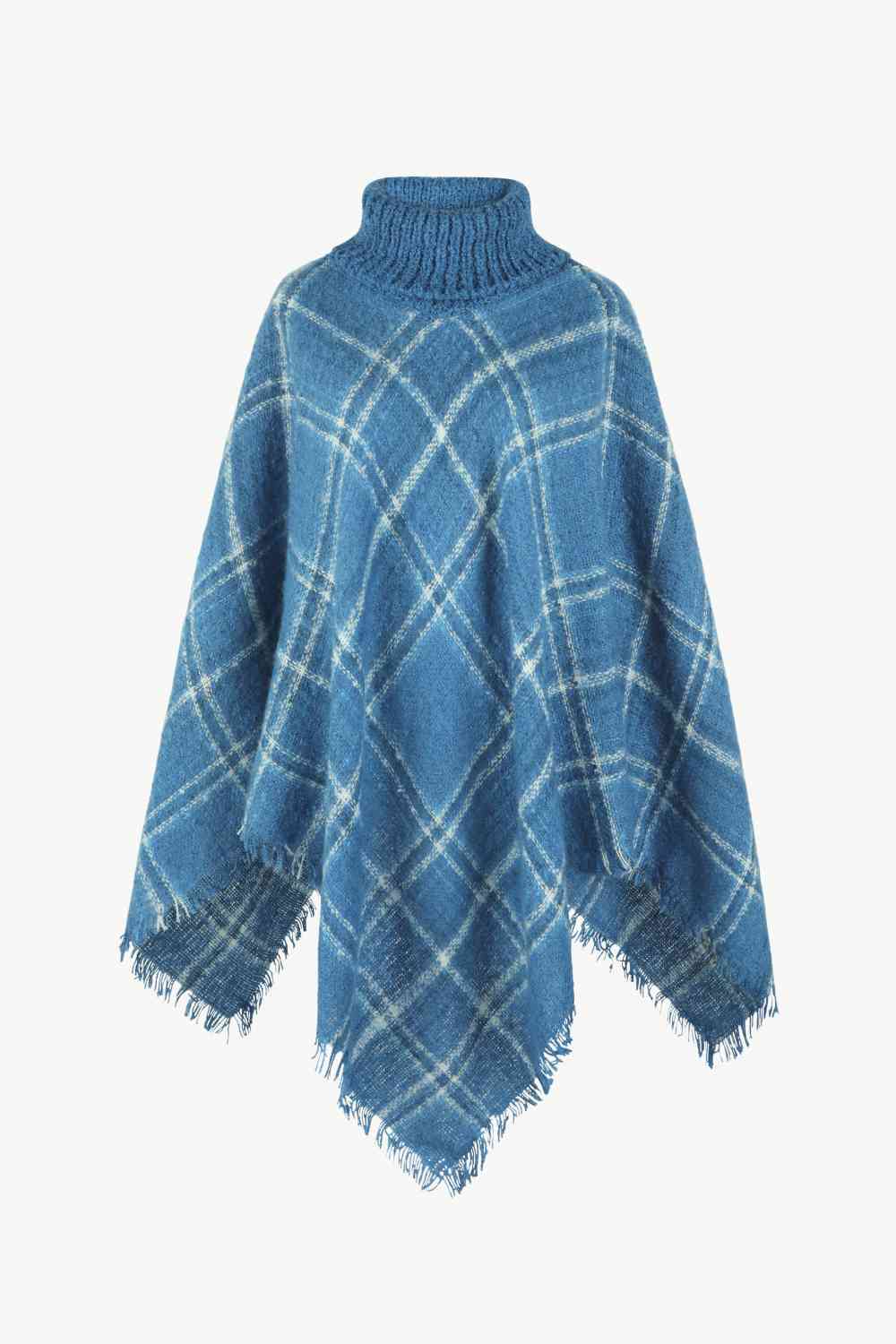 Plaid Turtleneck Fringe Hem Poncho Azure One Size