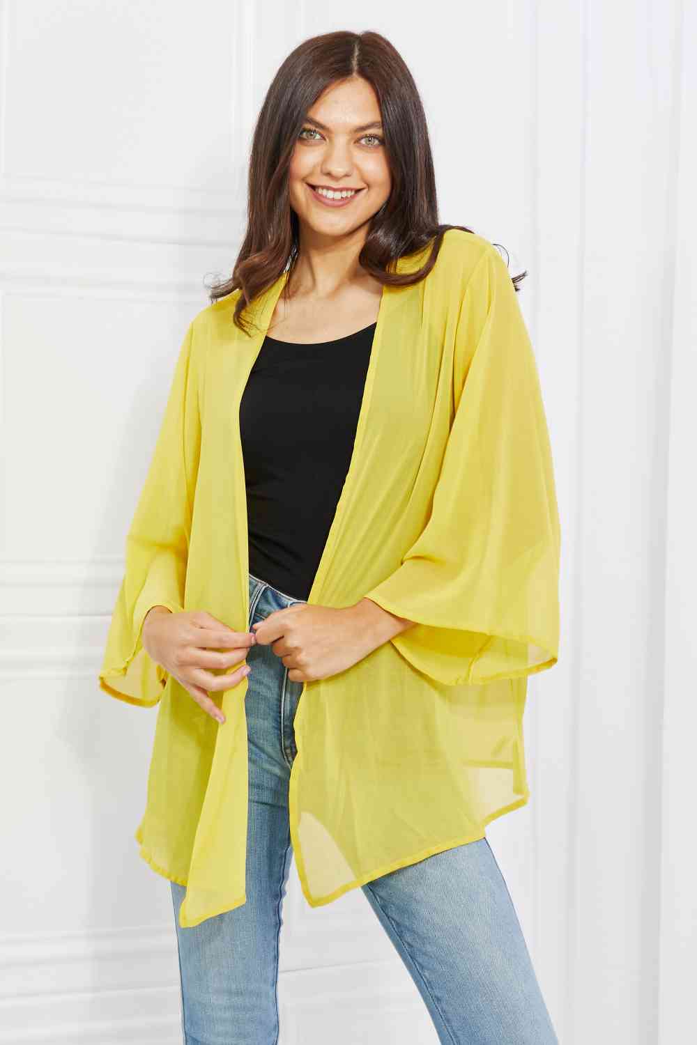 Melody Just Breathe Full Size Chiffon Kimono in Yellow Banana Yellow