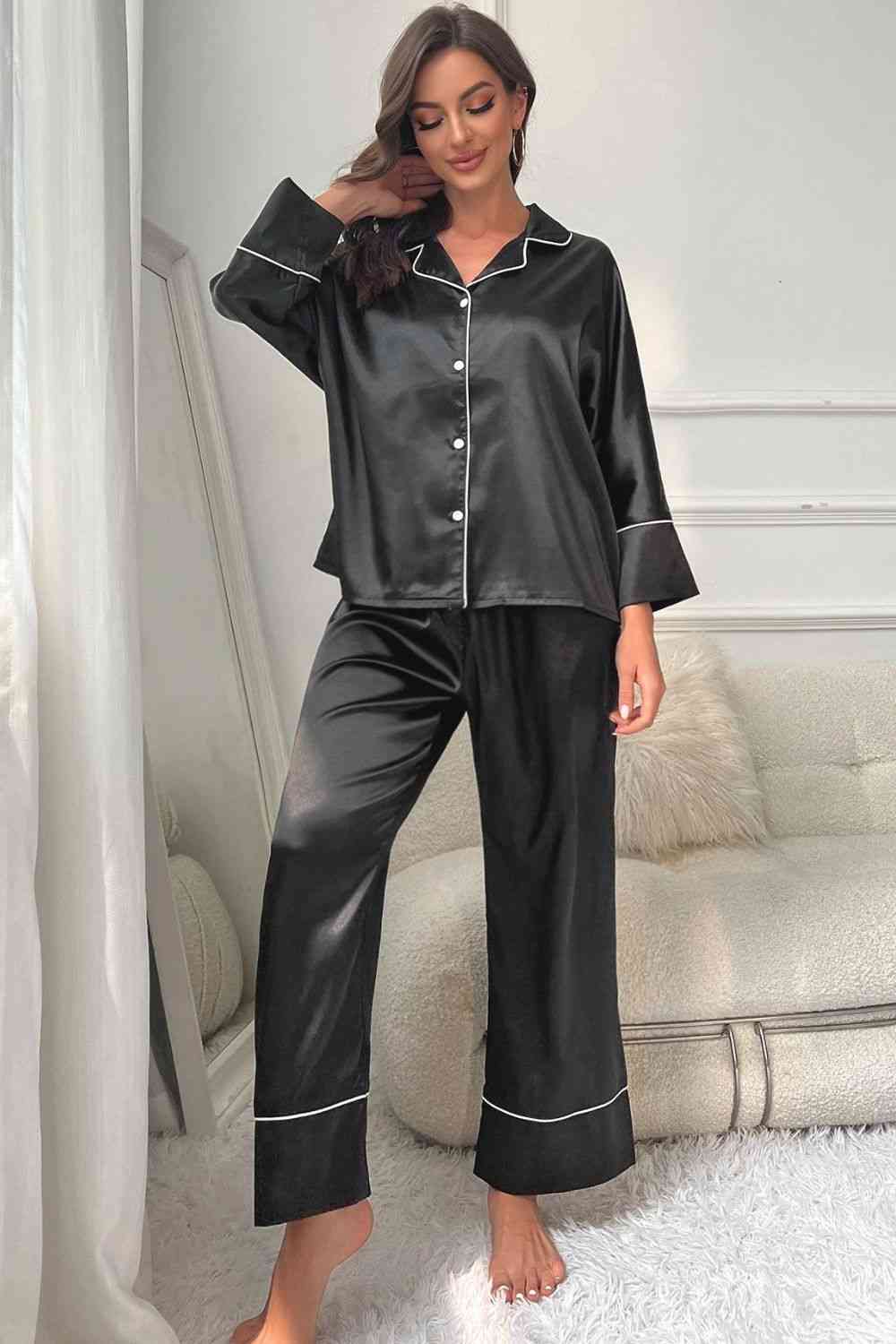 Contrast Piping Button-Up Top and Pants Pajama Set Black