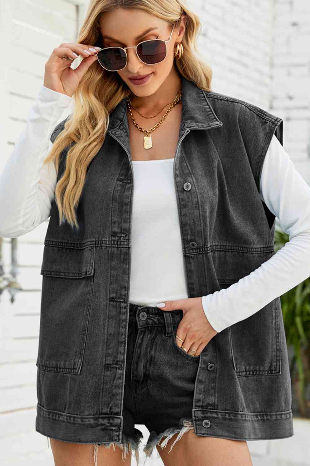 Button Down Collared Neck Denim Jacket Charcoal