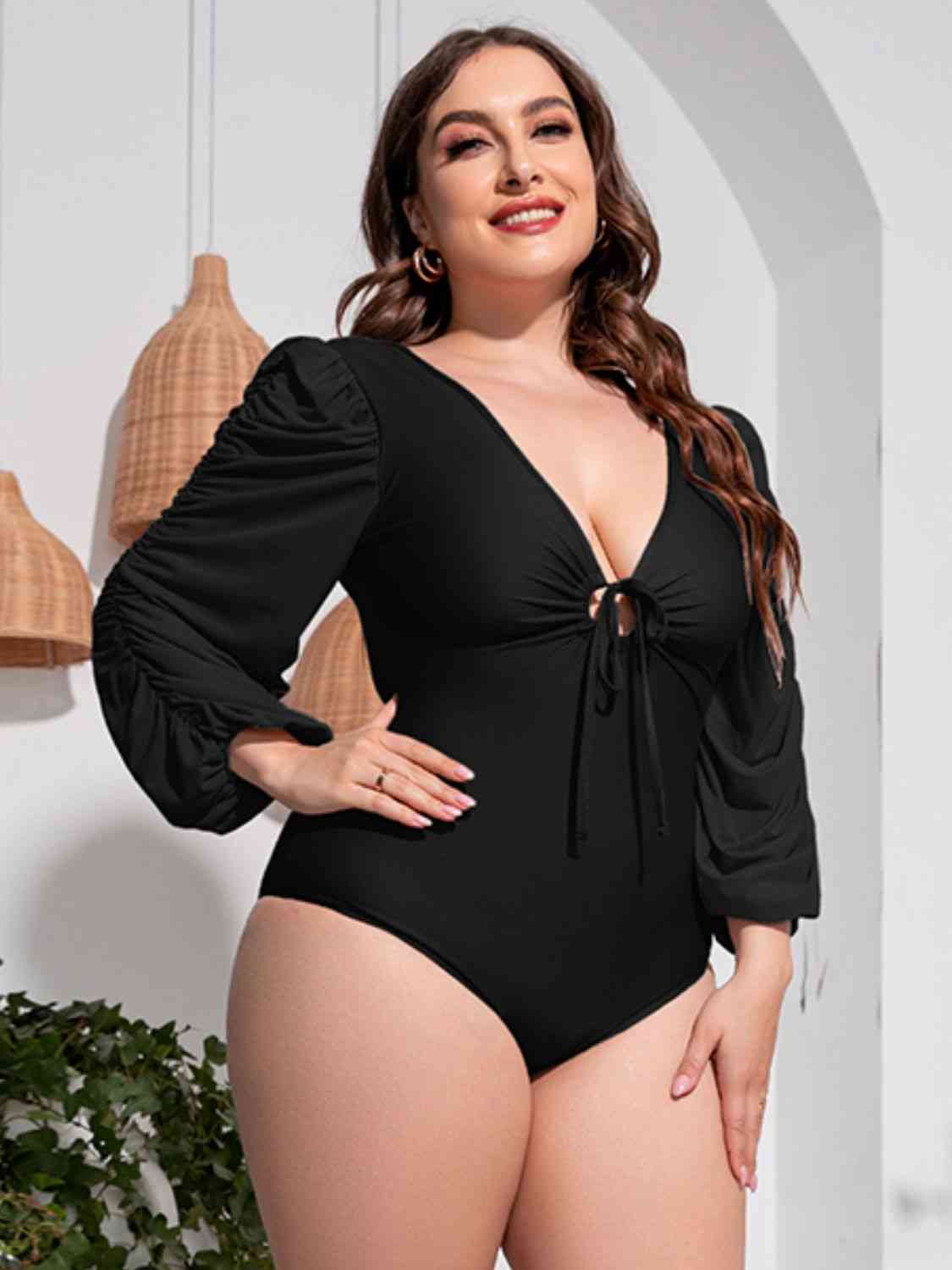 Plus Size Tied Deep V Balloon Sleeve One-Piece Swimsuit Black