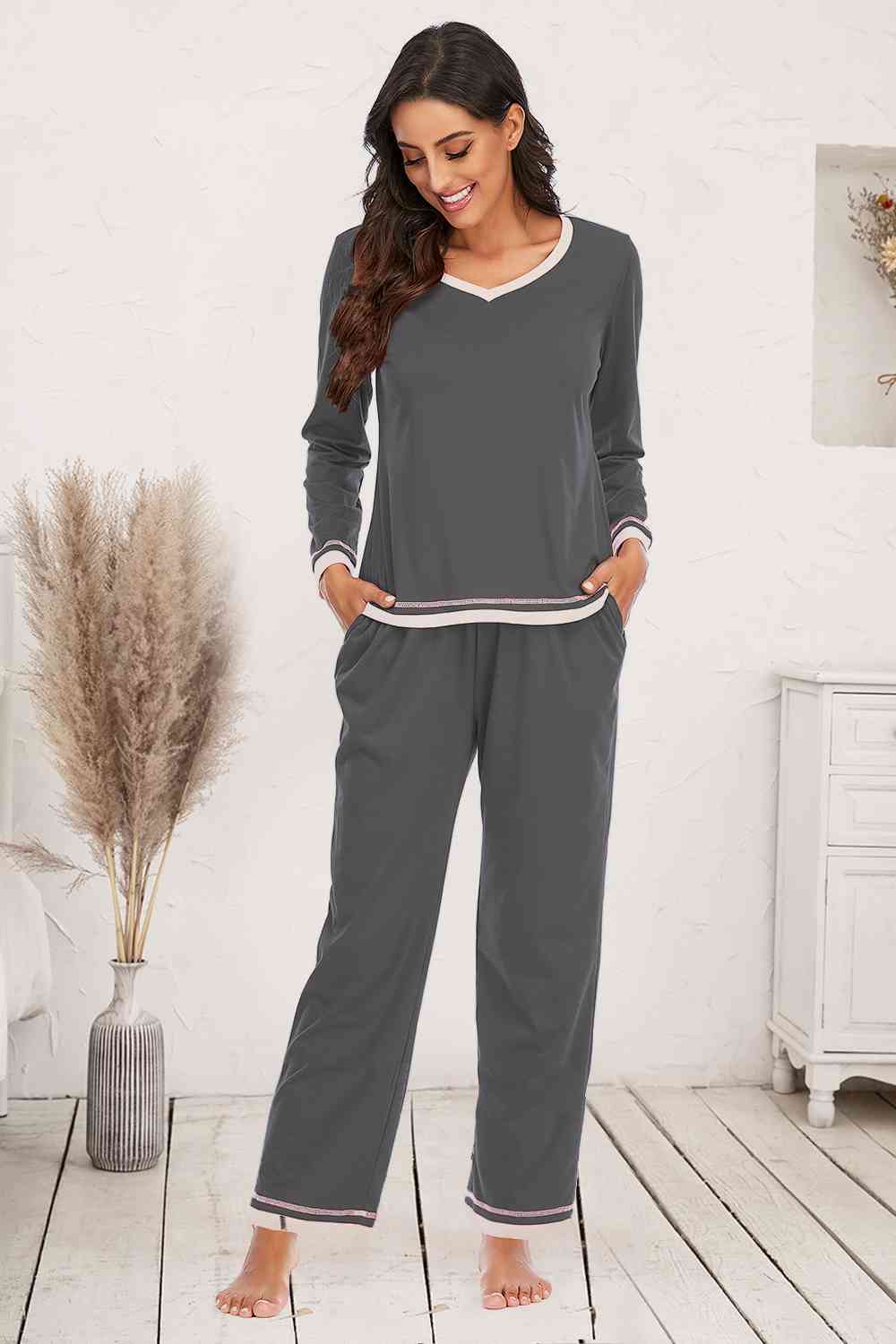 V-Neck Top and Pants Lounge Set Charcoal