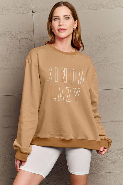 Simply Love Full Size KINDA LAZY Round Neck Sweatshirt Camel