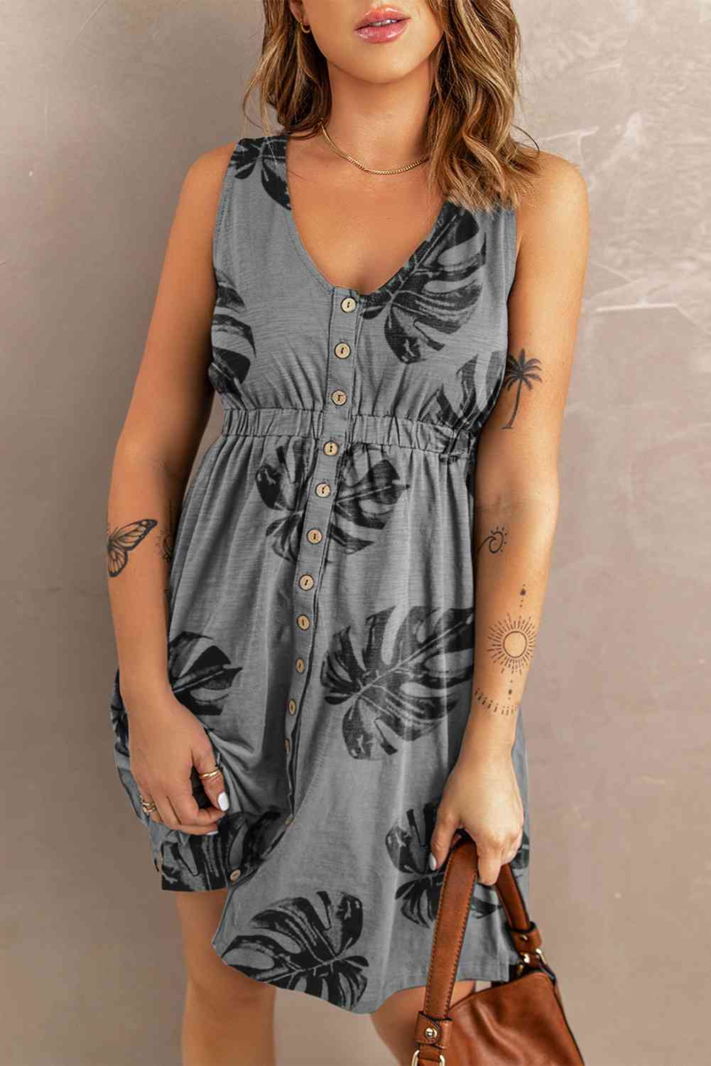 Buttoned Round Neck Sleeveless Mini Magic Dress Charcoal