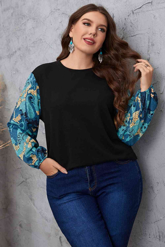 Melo Apparel Plus Size Printed Sleeve Round Neck Blouse Black