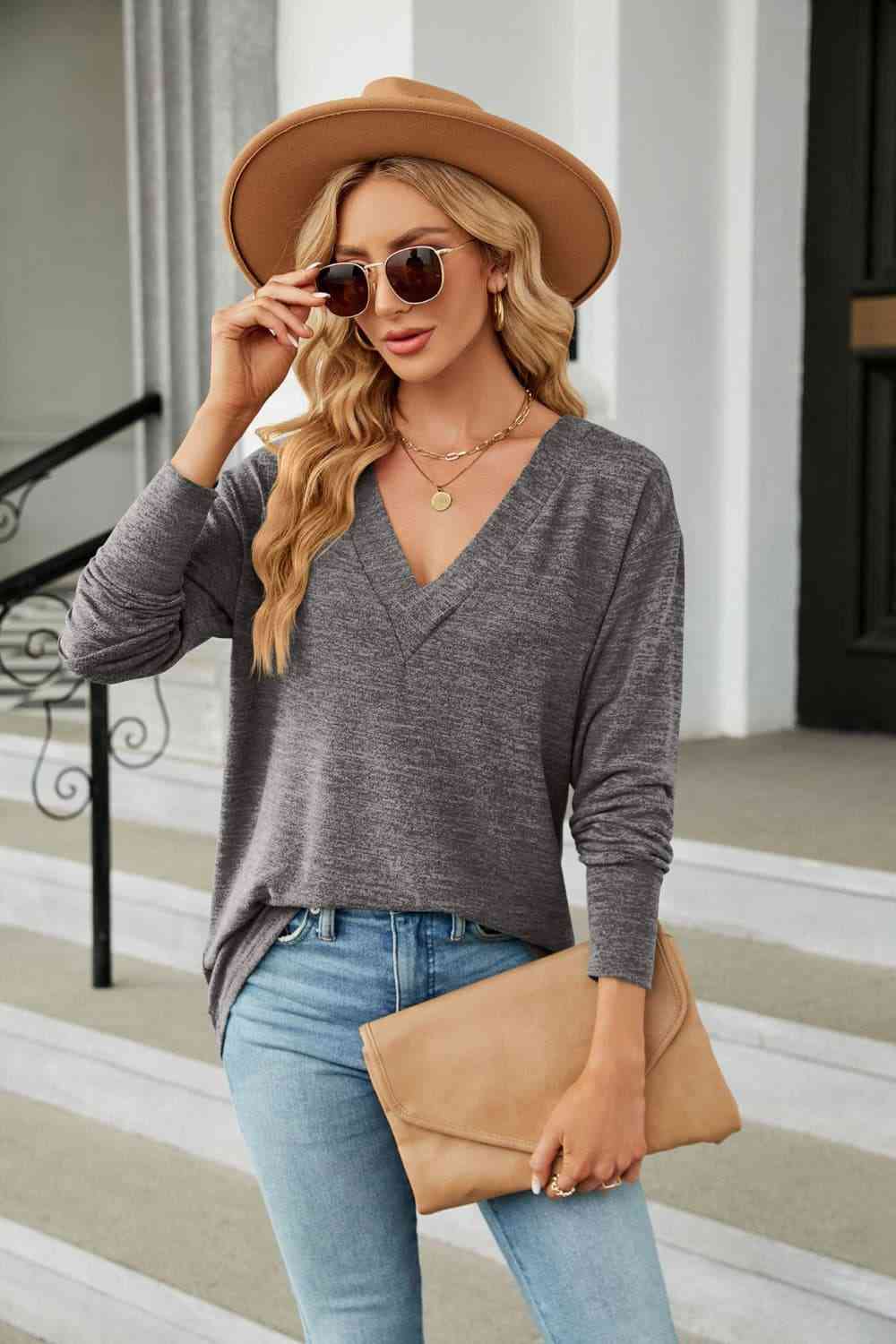 V-Neck Long Sleeve T-Shirt Charcoal