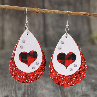 Heart Sequin Leather Teardrop Earrings Red One Size