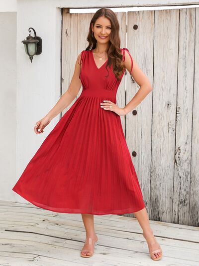 Pleated V-Neck Sleeveless Midi Dress Deep Red