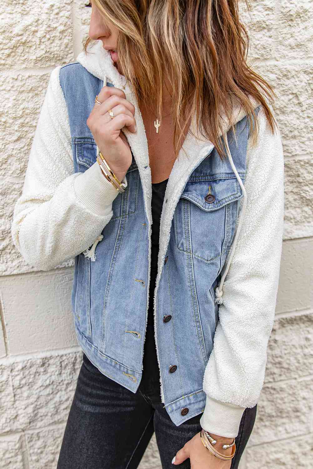 Two-Tone Spliced Denim Sherpa Hooded Jacket Light