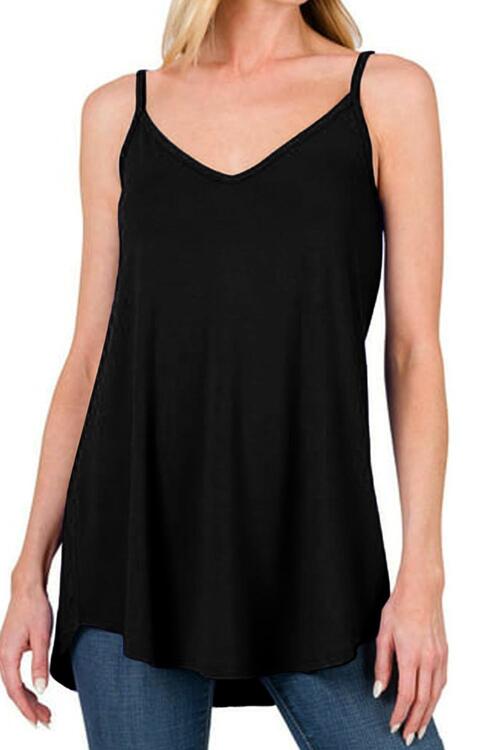 Full Size Spaghetti Strap V-Neck Flowy Tunic Cami Black