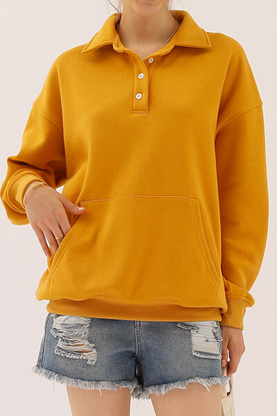 Ninexis Full Size Quarter-Button Collared Sweatshirt Honey